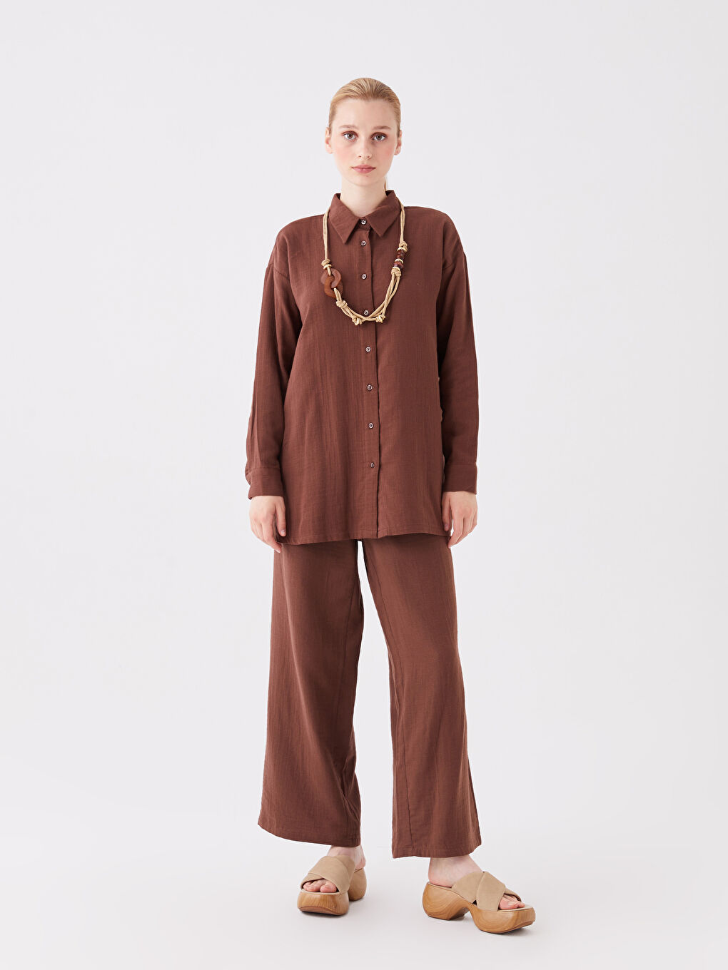 Kahverengi Beli Lastikli Rahat Kalıp Kadın Pantolon