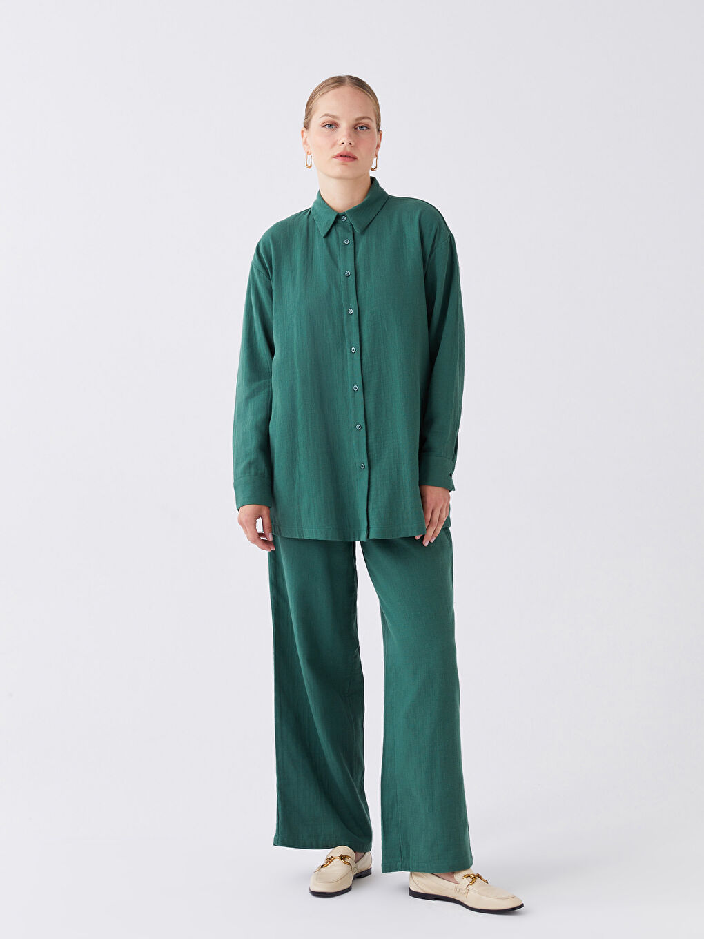 Yeşil Beli Lastikli Rahat Kalıp Kadın Pantolon-1