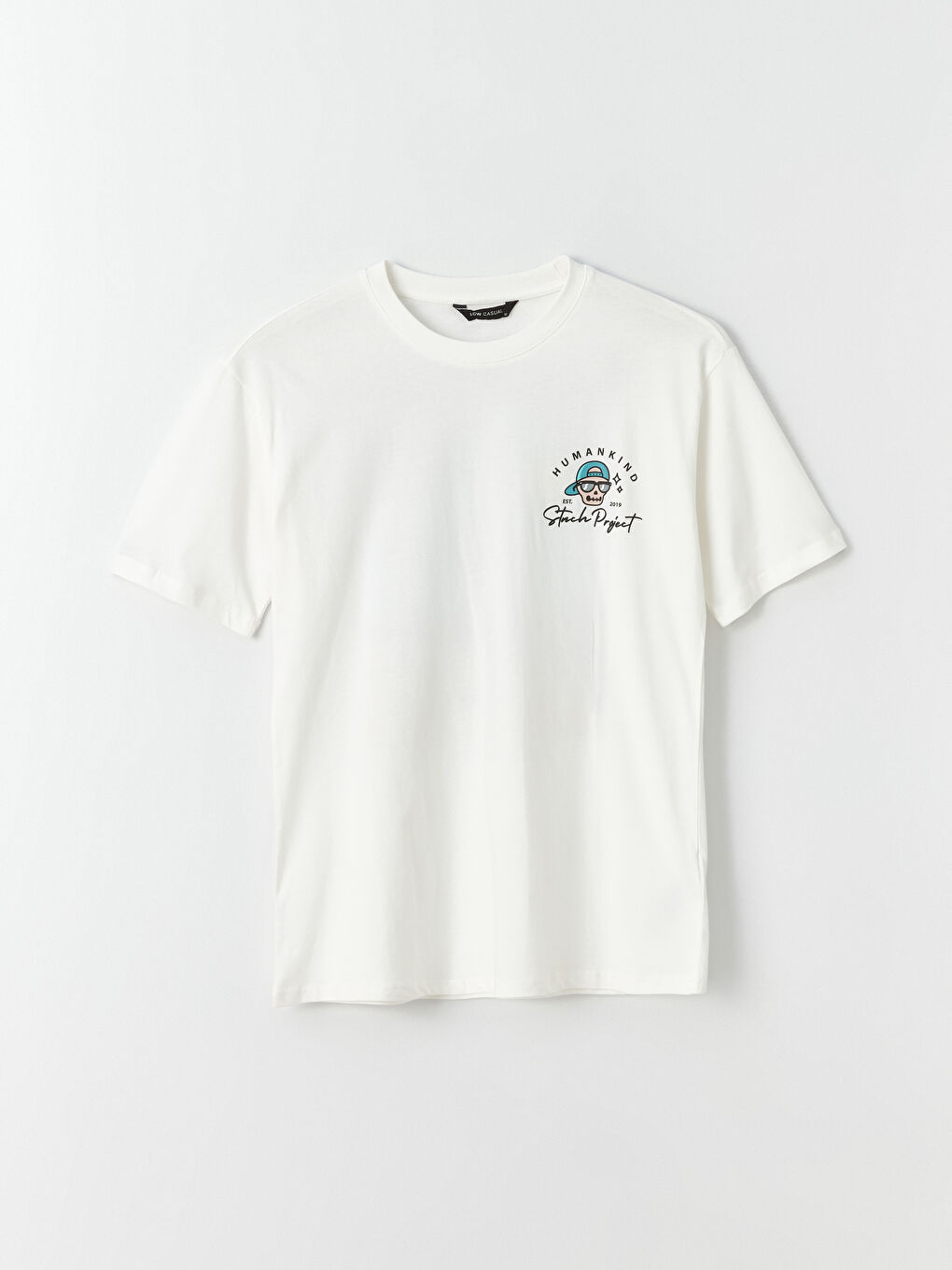 Ekru Bisiklet Yaka Kısa Kollu Baskılı Penye Erkek Tişört