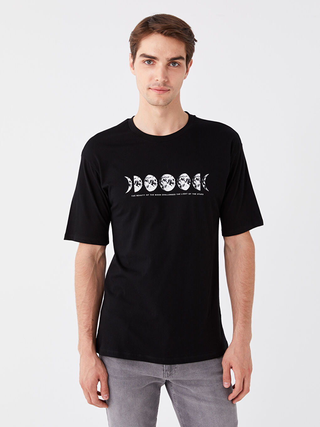 Siyah Bisiklet Yaka Kısa Kollu Baskılı Penye Erkek Tişört-1