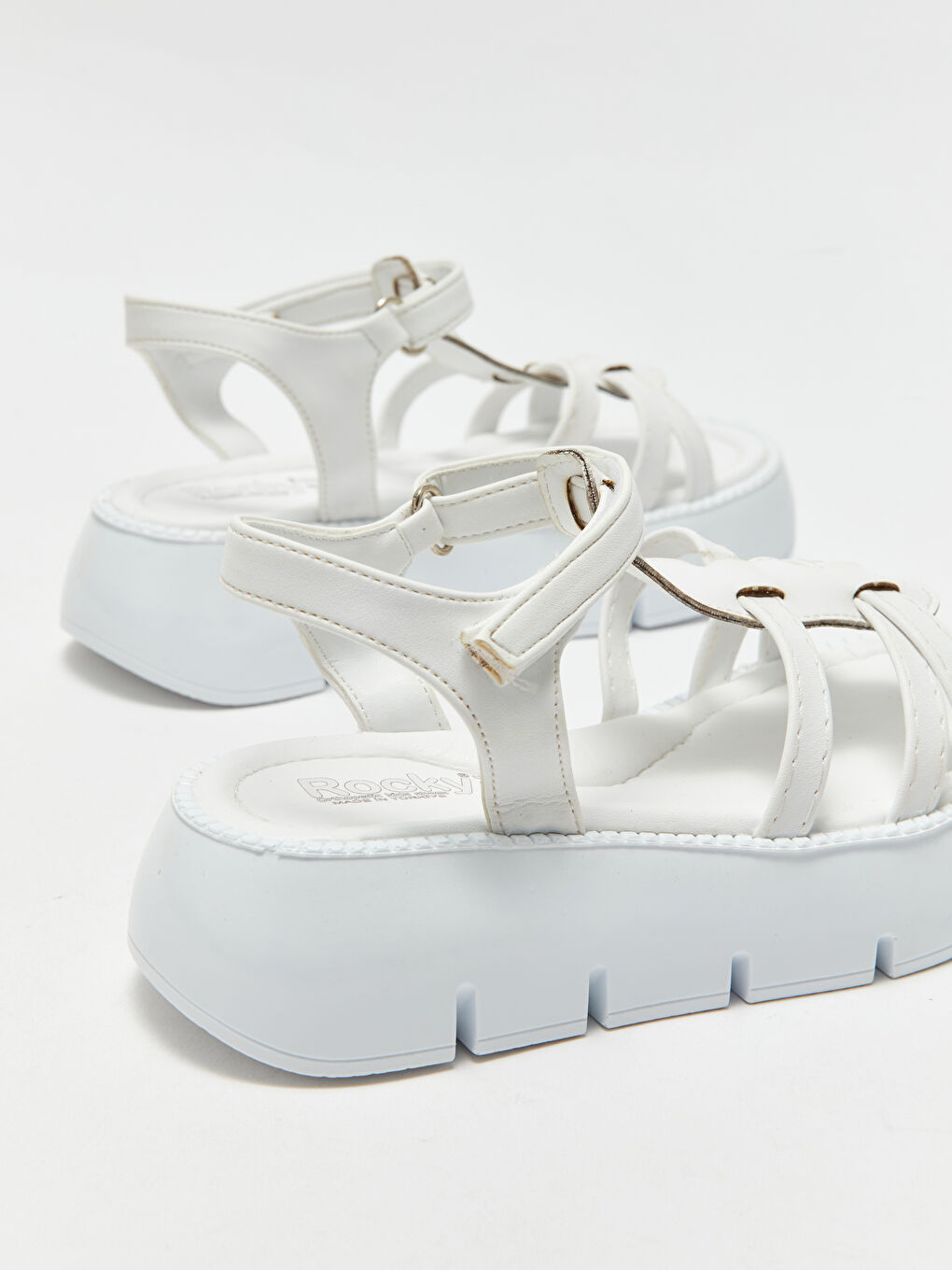 Beyaz Deri Görünümlü Cırt Cırtlı Kız Çocuk Sandalet-4