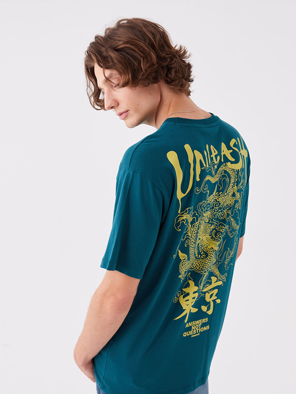 Petrol Bisiklet Yaka Kısa Kollu Baskılı Penye Erkek Tişört