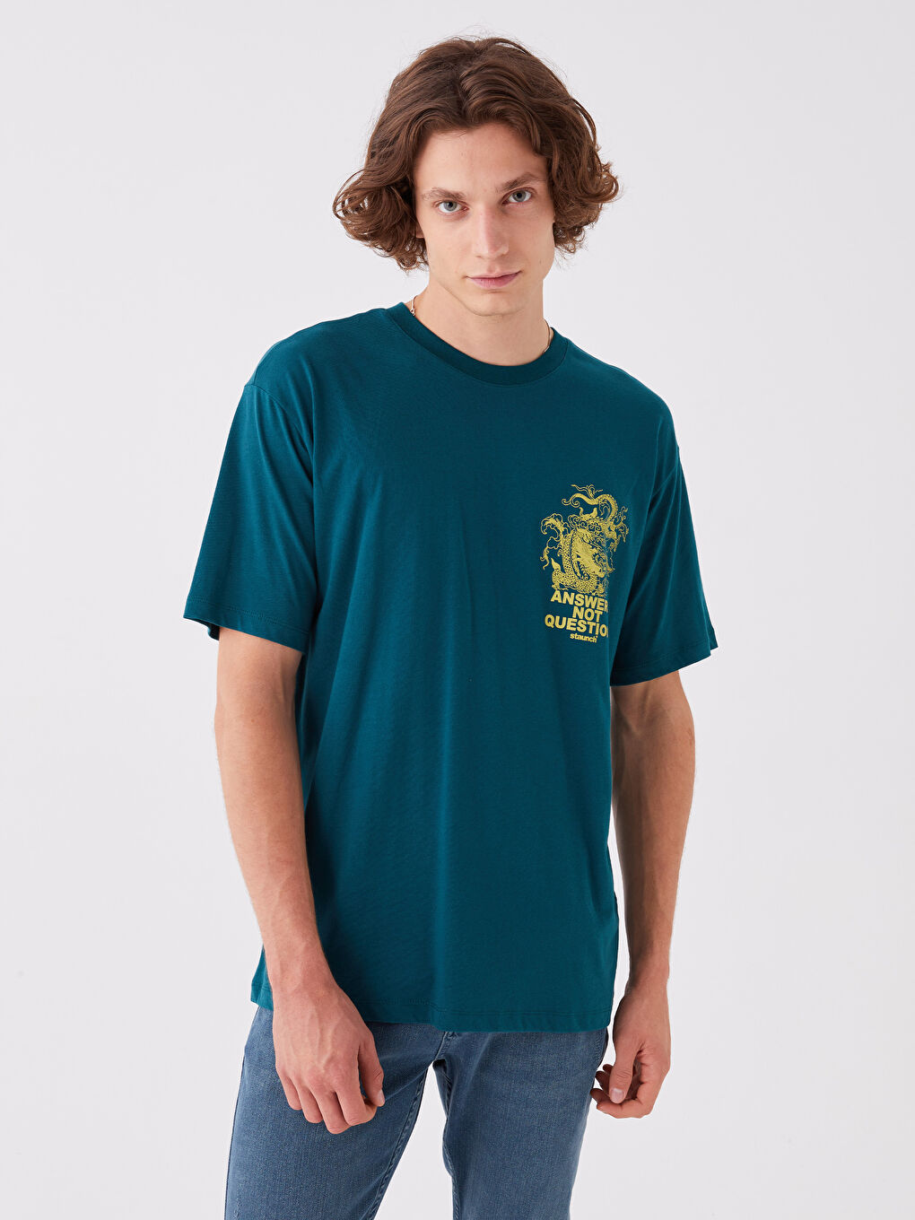Petrol Bisiklet Yaka Kısa Kollu Baskılı Penye Erkek Tişört-1