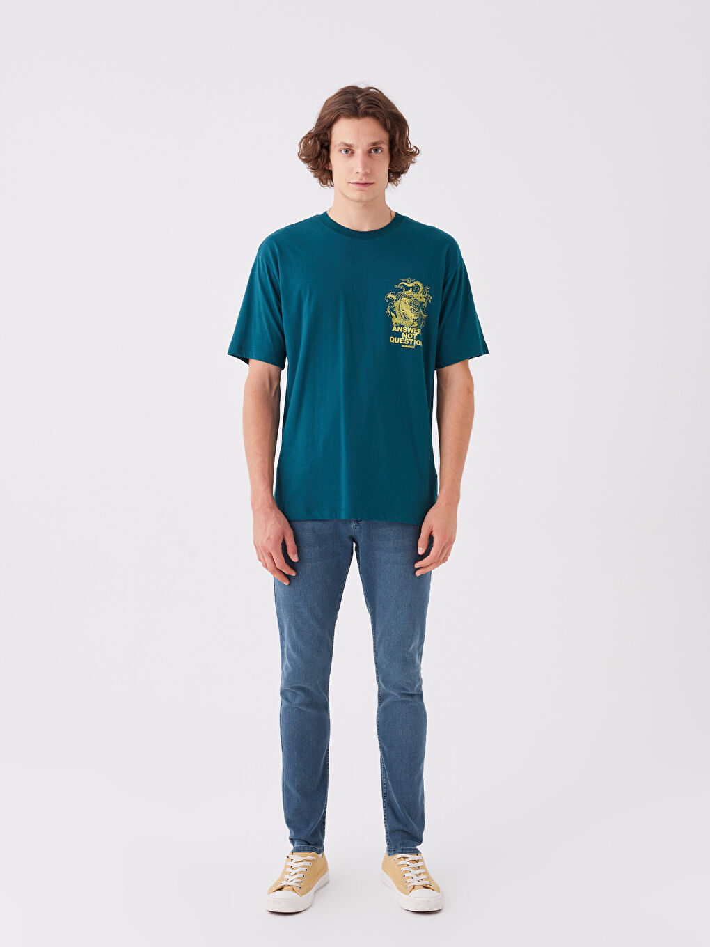 Petrol Bisiklet Yaka Kısa Kollu Baskılı Penye Erkek Tişört-2