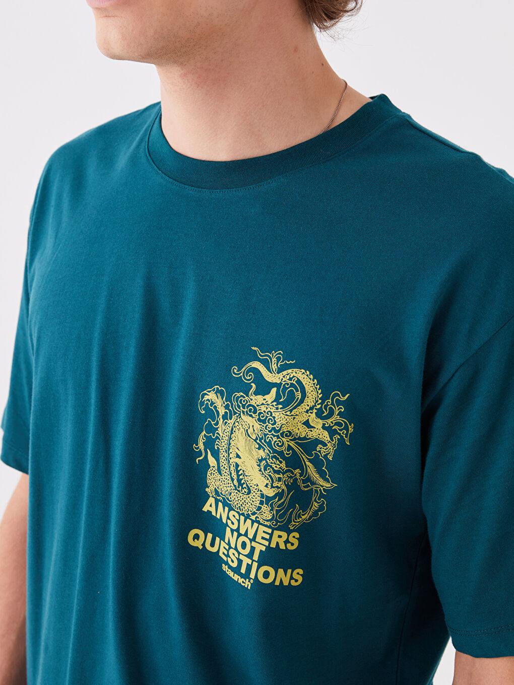 Petrol Bisiklet Yaka Kısa Kollu Baskılı Penye Erkek Tişört-3