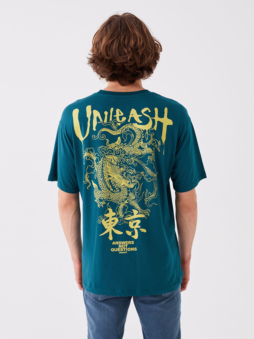 Petrol Bisiklet Yaka Kısa Kollu Baskılı Penye Erkek Tişört-4