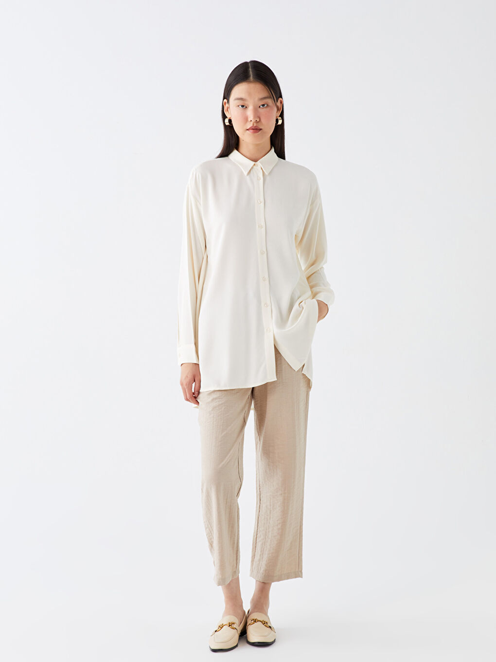 Bej Beli Lastikli Havuç Kesim Kadın Pantolon