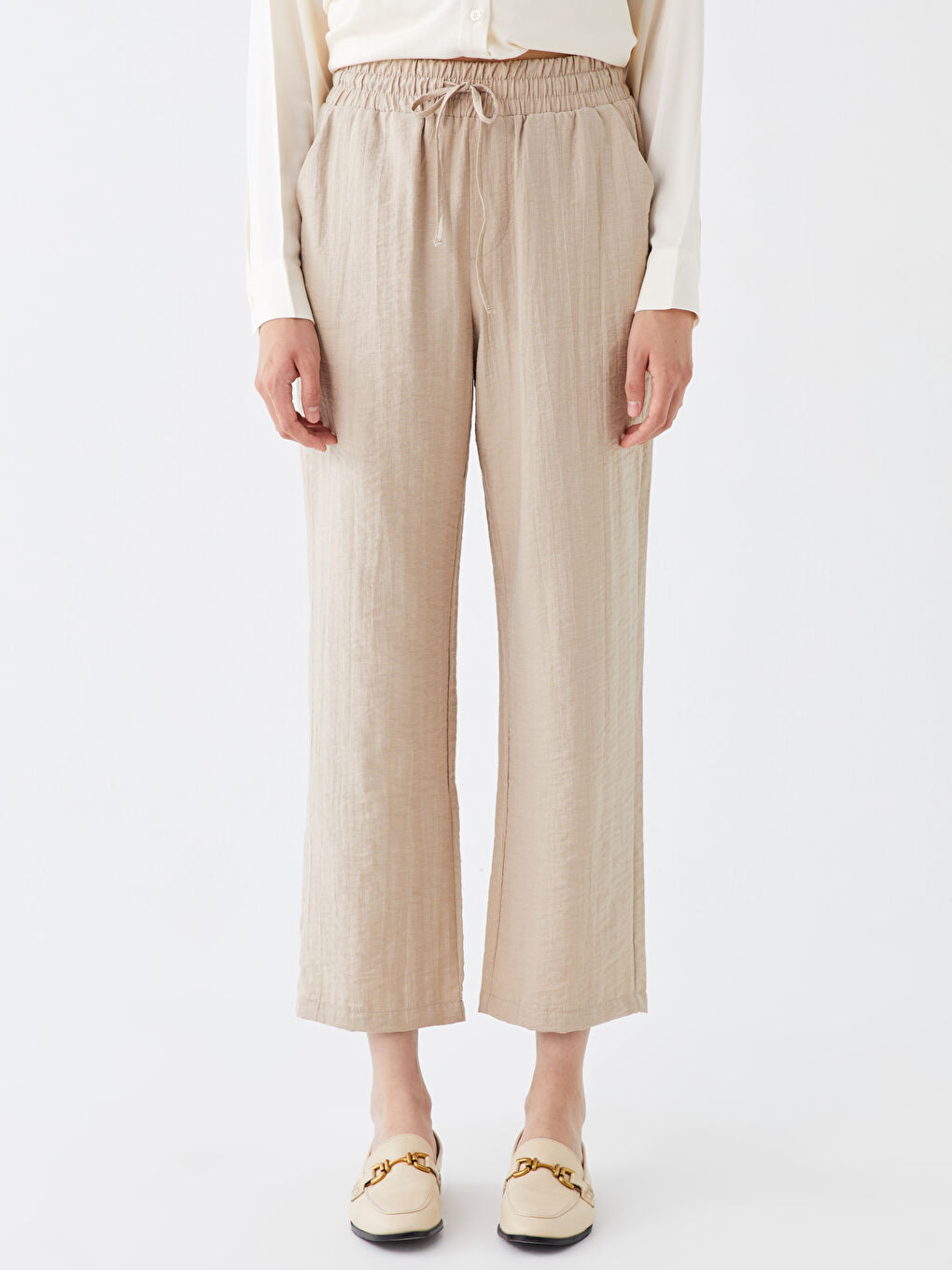 Bej Beli Lastikli Havuç Kesim Kadın Pantolon-2