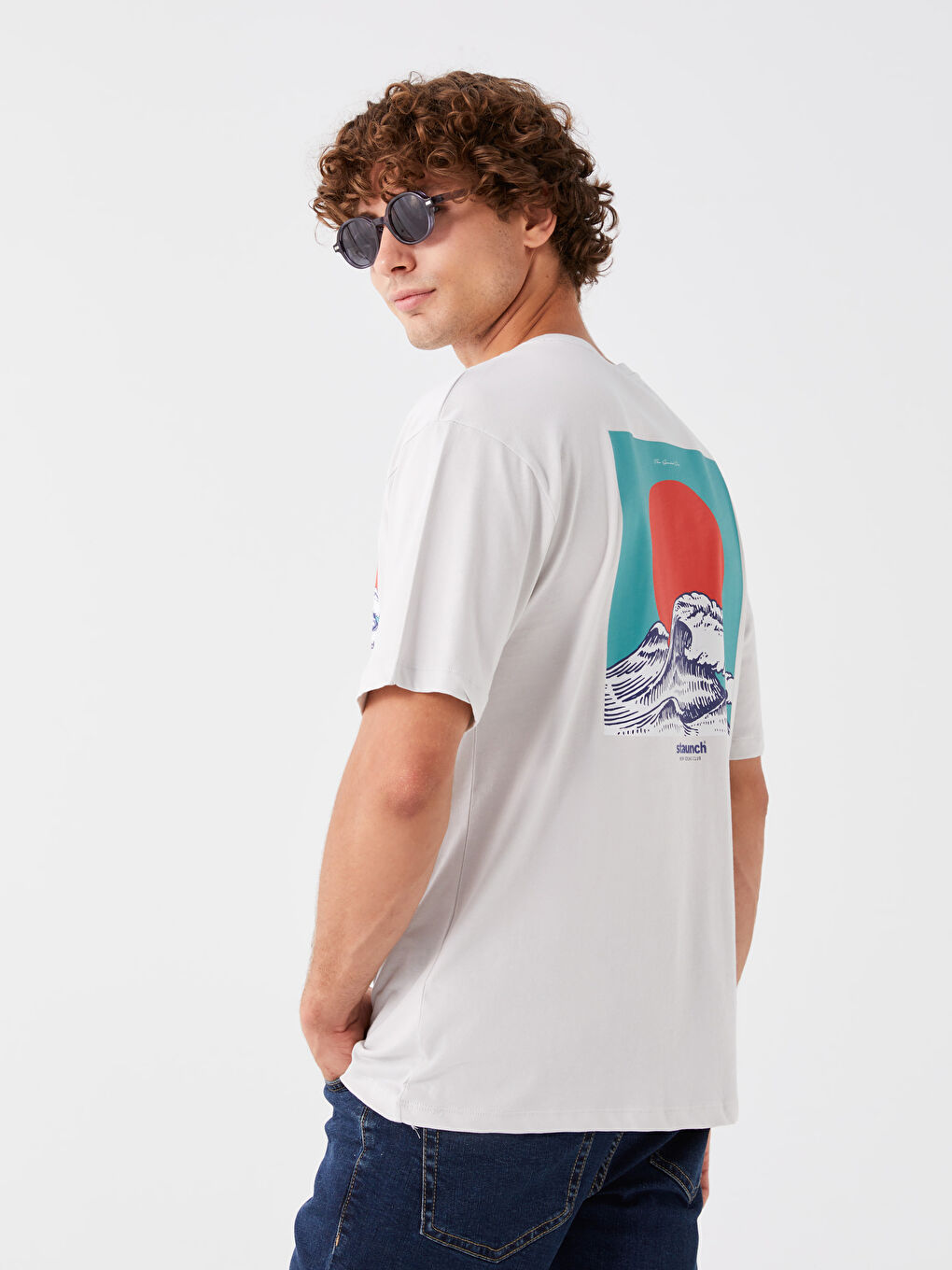 Gri Bisiklet Yaka Kısa Kollu Baskılı Penye Erkek Tişört