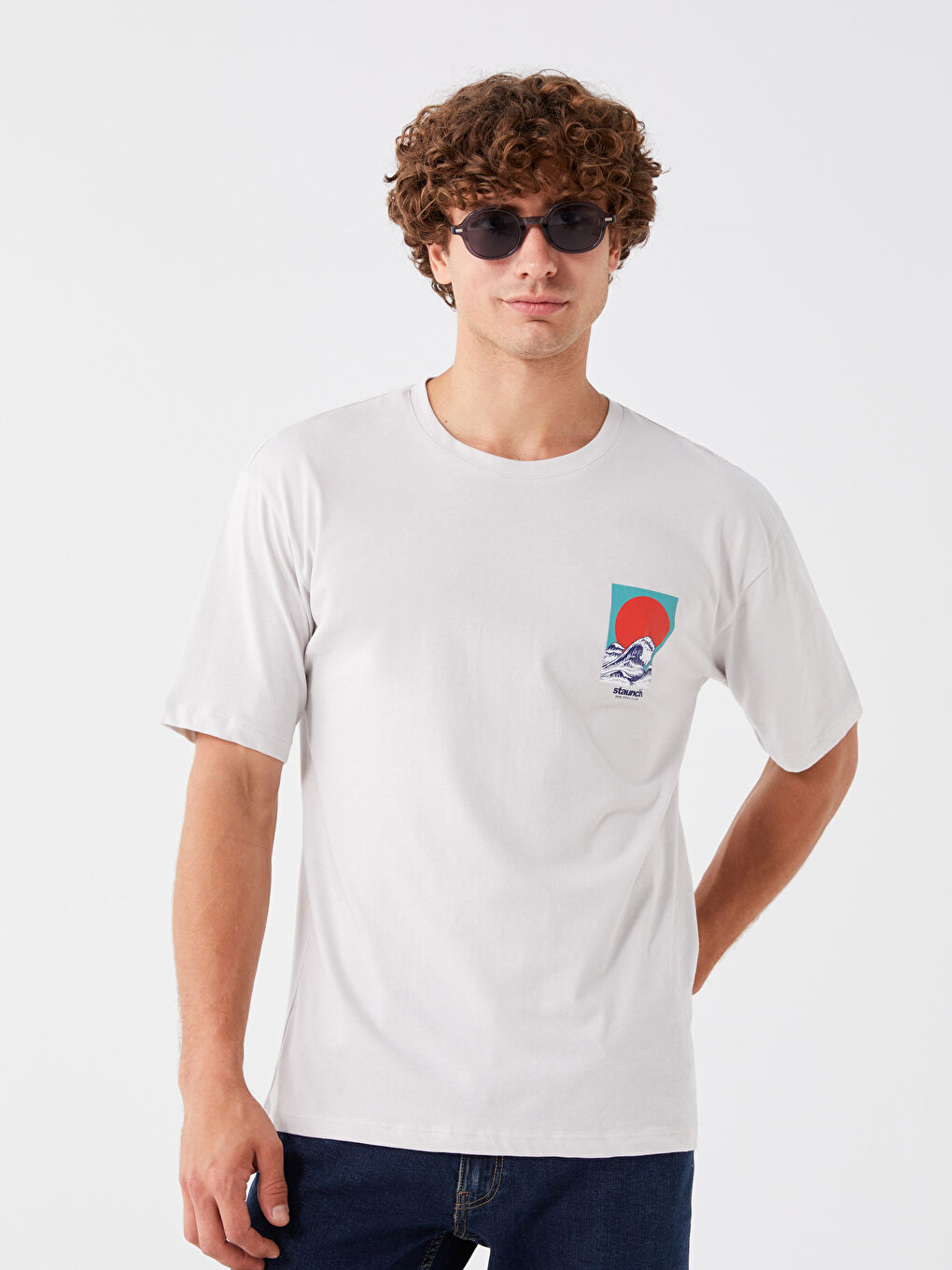 Gri Bisiklet Yaka Kısa Kollu Baskılı Penye Erkek Tişört-1