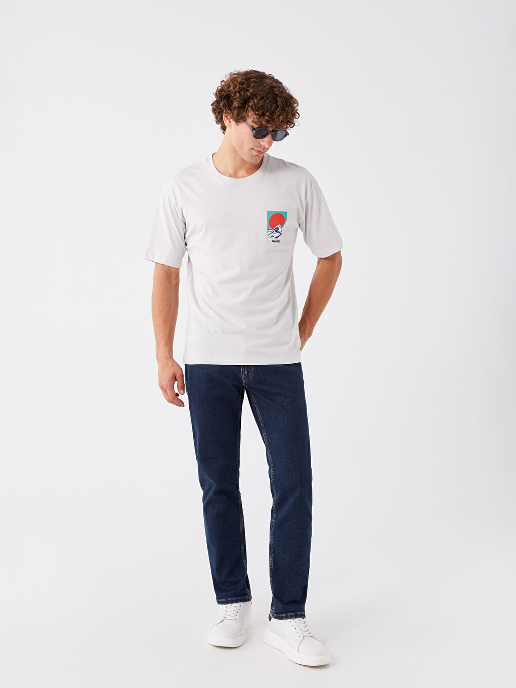 Gri Bisiklet Yaka Kısa Kollu Baskılı Penye Erkek Tişört-2