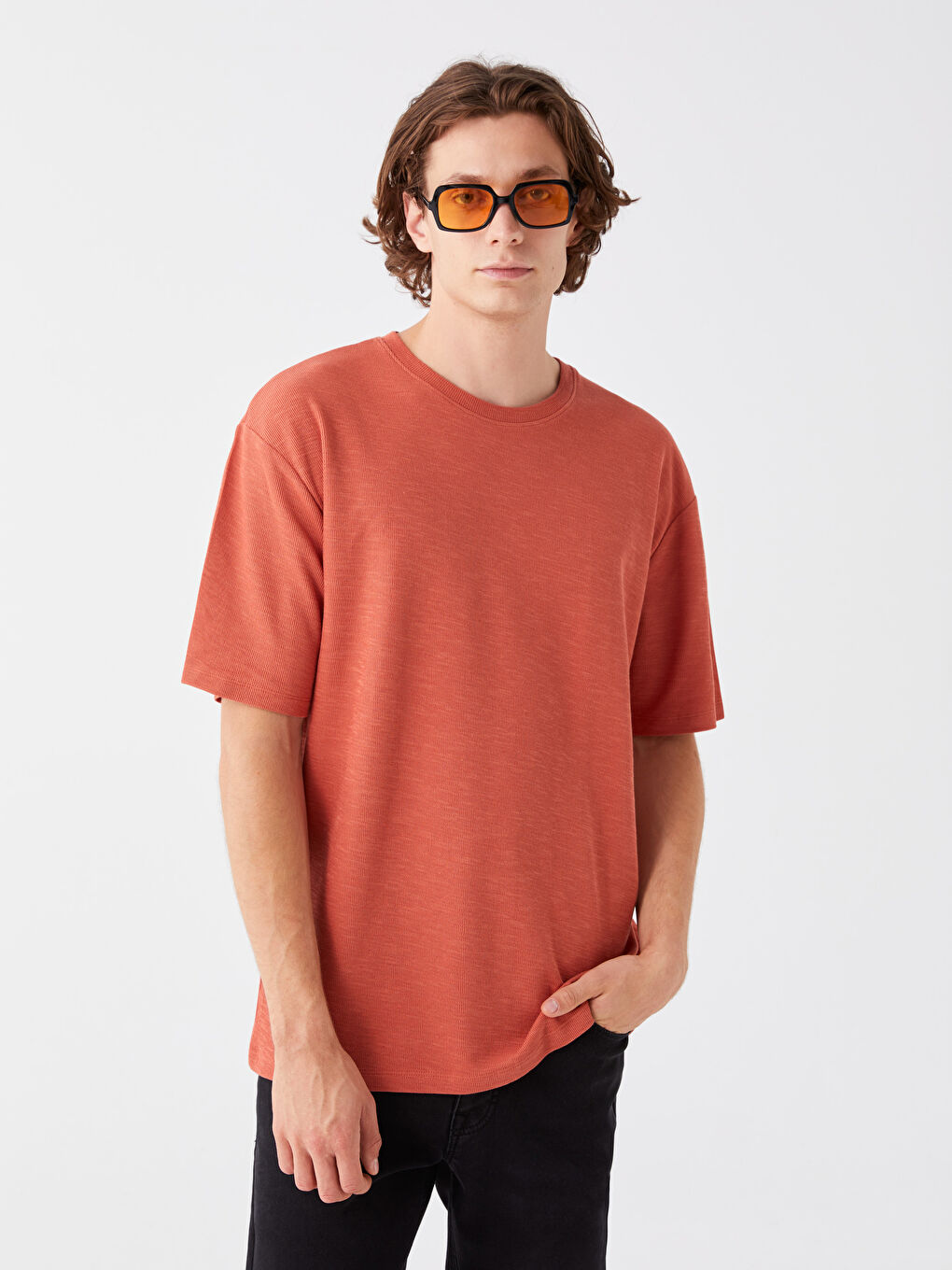 Kahverengi Bisiklet Yaka Kısa Kollu Erkek Tişört