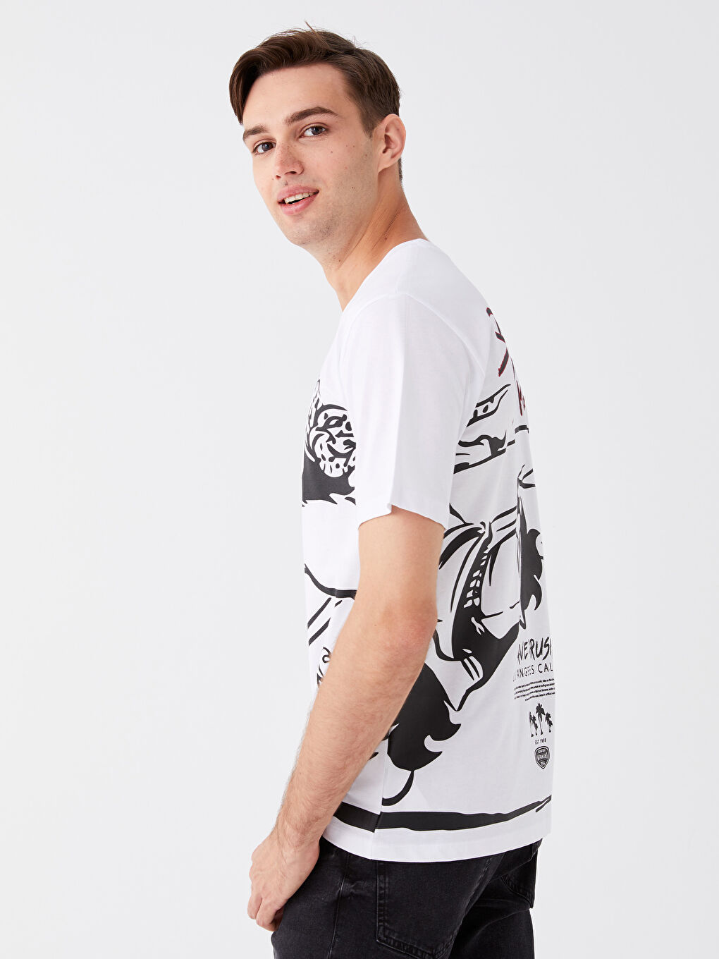 Beyaz Bisiklet Yaka Kısa Kollu Baskılı Penye Erkek Tişört
