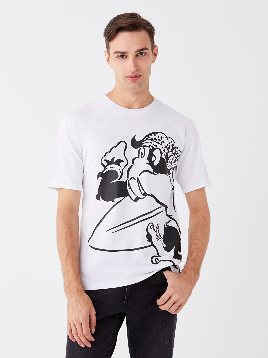 Beyaz Bisiklet Yaka Kısa Kollu Baskılı Penye Erkek Tişört-1