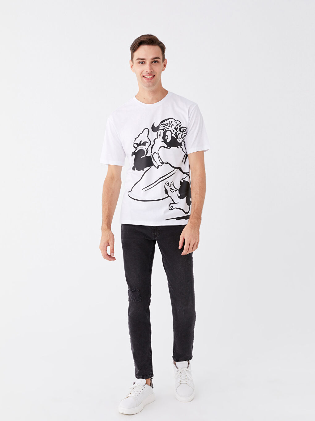 Beyaz Bisiklet Yaka Kısa Kollu Baskılı Penye Erkek Tişört-2