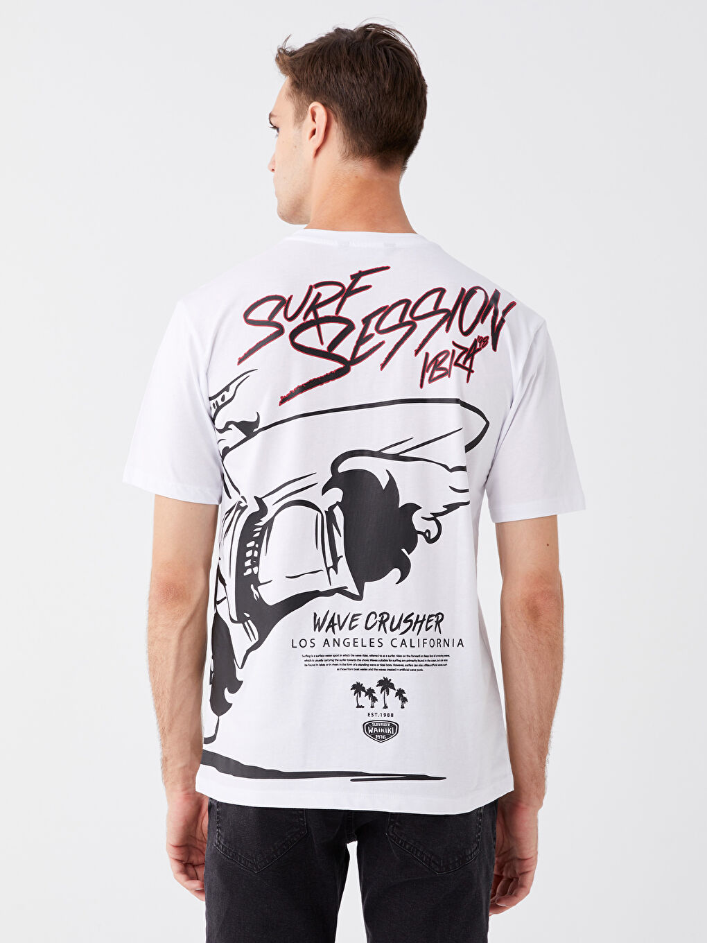 Beyaz Bisiklet Yaka Kısa Kollu Baskılı Penye Erkek Tişört-4