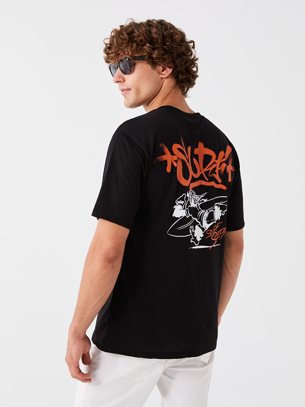 Siyah Bisiklet Yaka Kısa Kollu Baskılı Penye Erkek Tişört