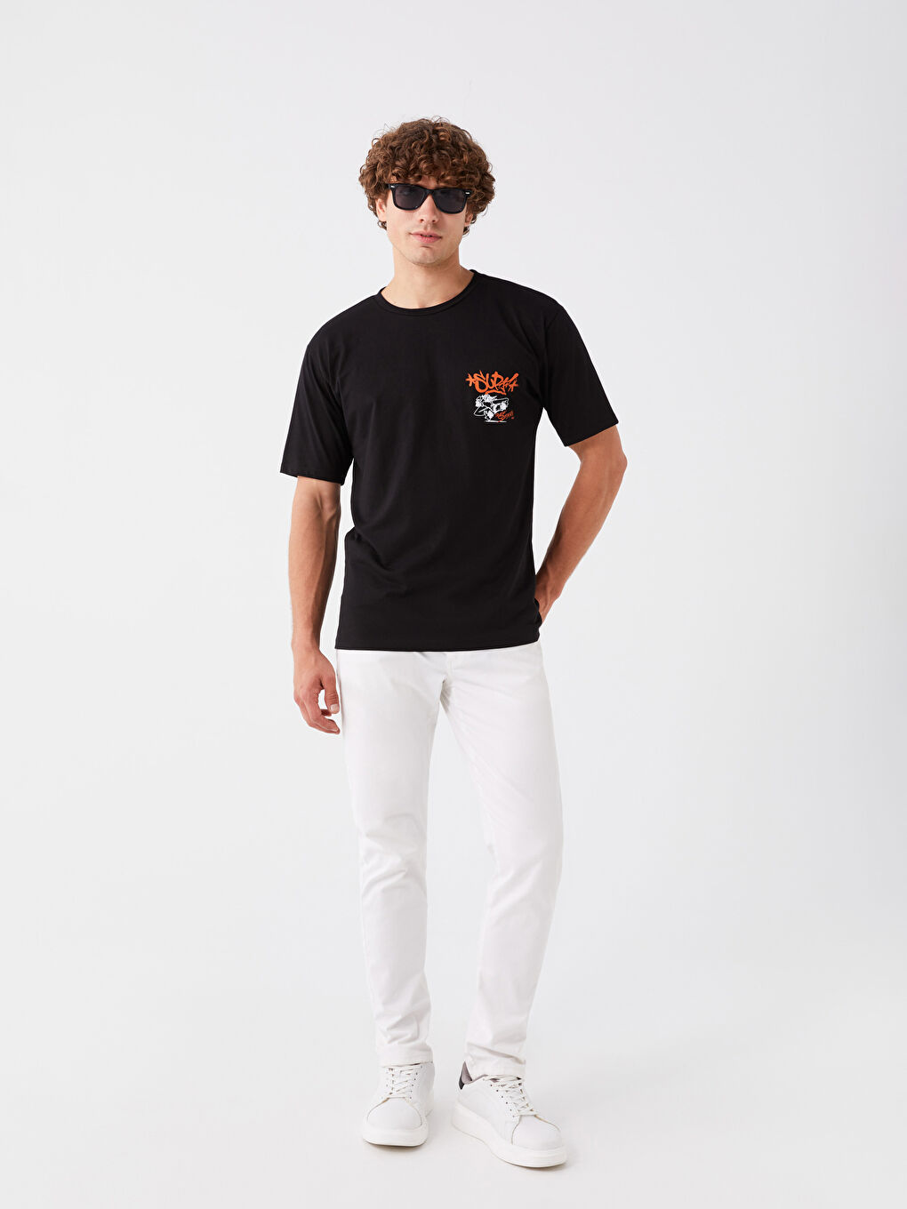 Siyah Bisiklet Yaka Kısa Kollu Baskılı Penye Erkek Tişört-2