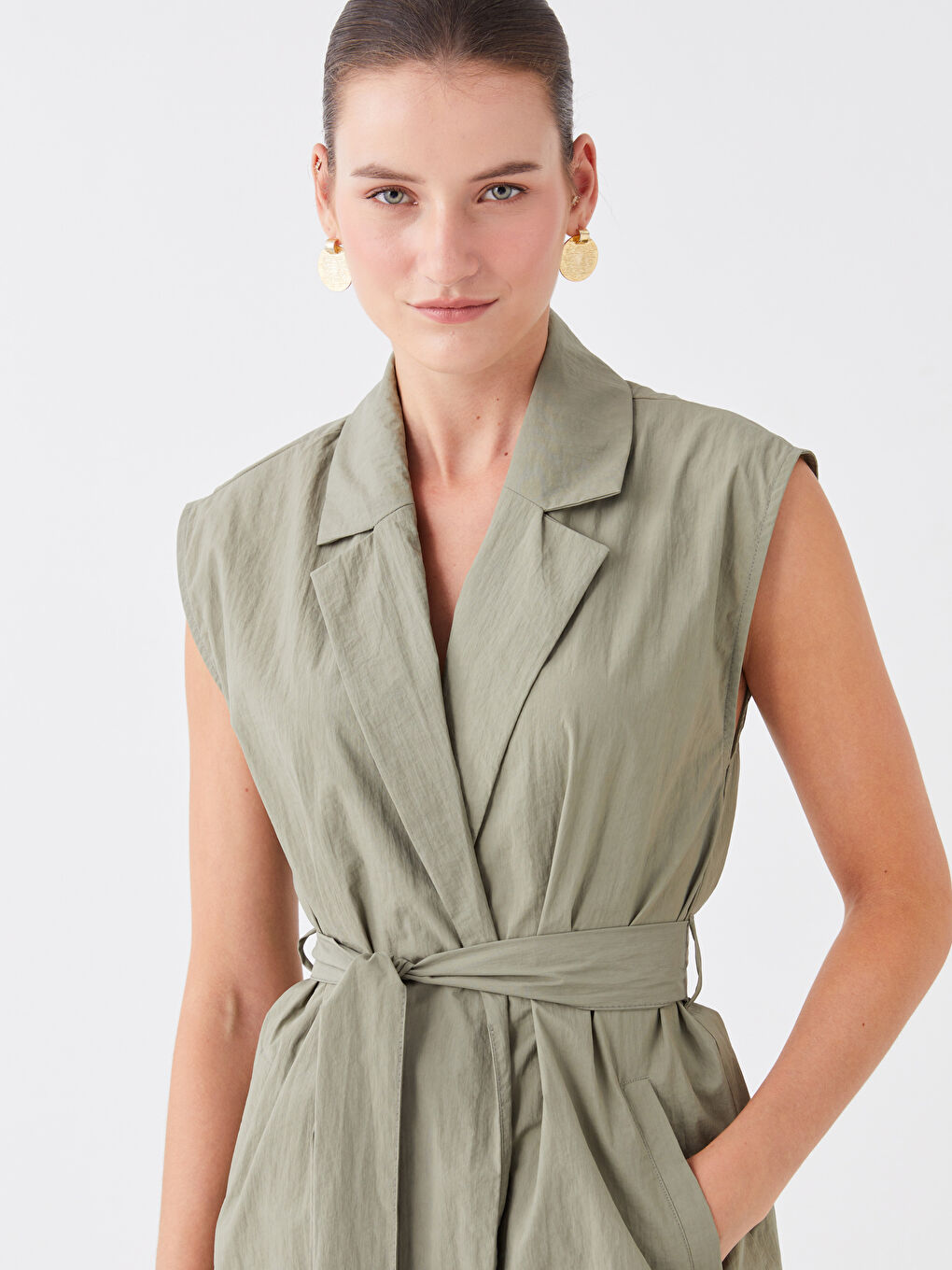 Yeşil Kadın Ceket Yaka Düz Klasik Yelek-2