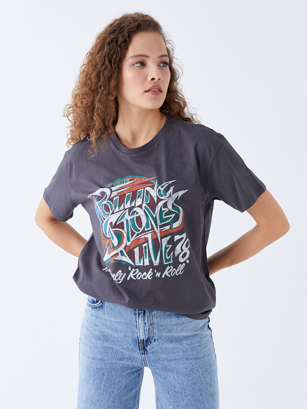 Antrasit Bisiklet Yaka Rolling Stones Baskılı Kadın Tişört