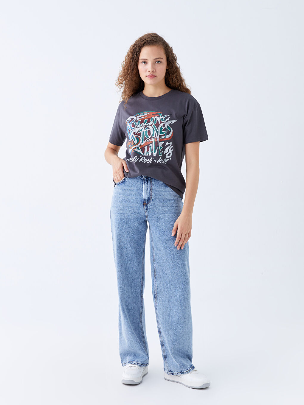 Antrasit Bisiklet Yaka Rolling Stones Baskılı Kadın Tişört-2