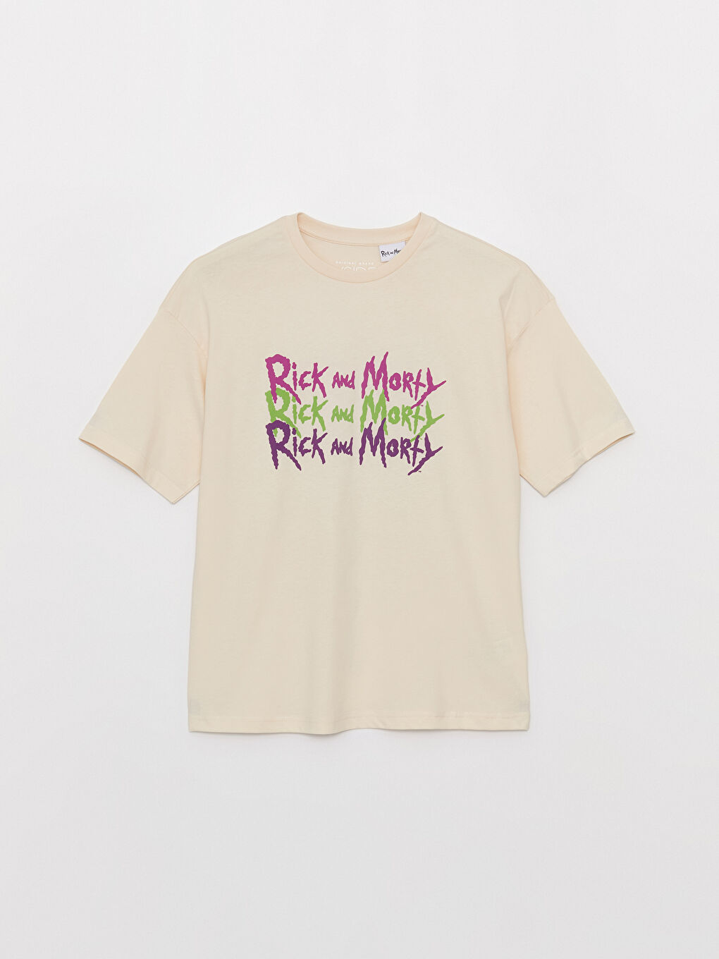 Bej Bisiklet Yaka Kısa Kollu Rick and Morty Baskılı Penye Erkek Tişört