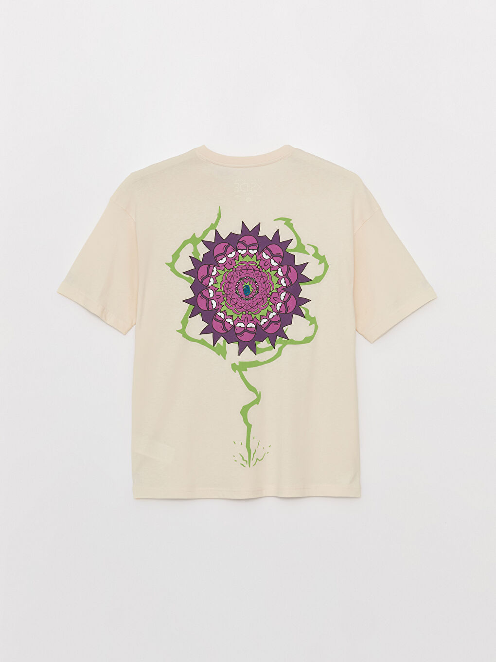 Bej Bisiklet Yaka Kısa Kollu Rick and Morty Baskılı Penye Erkek Tişört-1