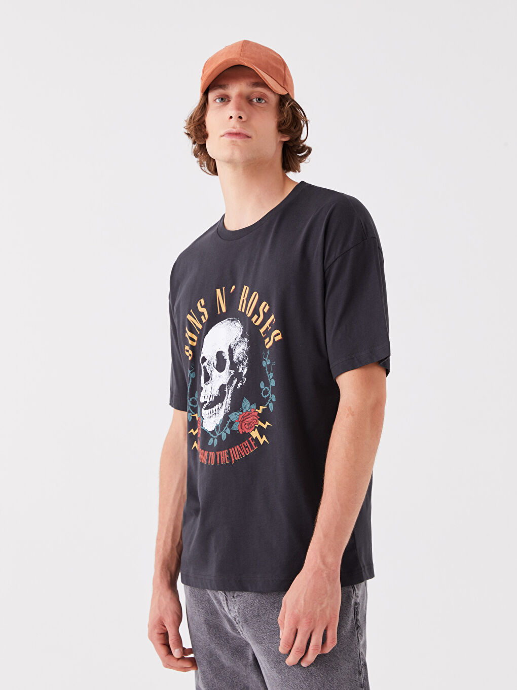 Antrasit Bisiklet Yaka Kısa Kollu Guns N'Roses Baskılı Penye Erkek Tişört