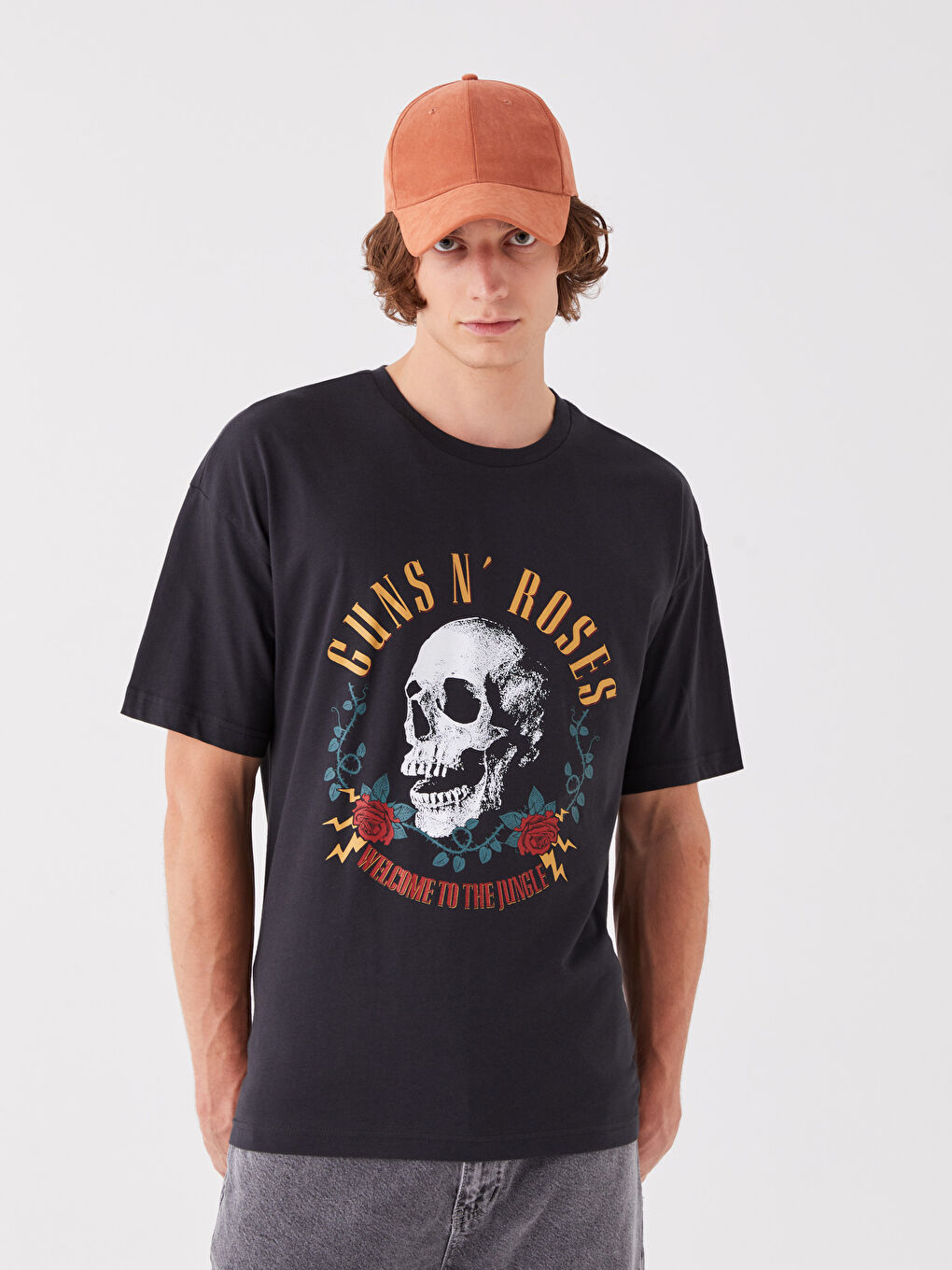 Antrasit Bisiklet Yaka Kısa Kollu Guns N'Roses Baskılı Penye Erkek Tişört-1