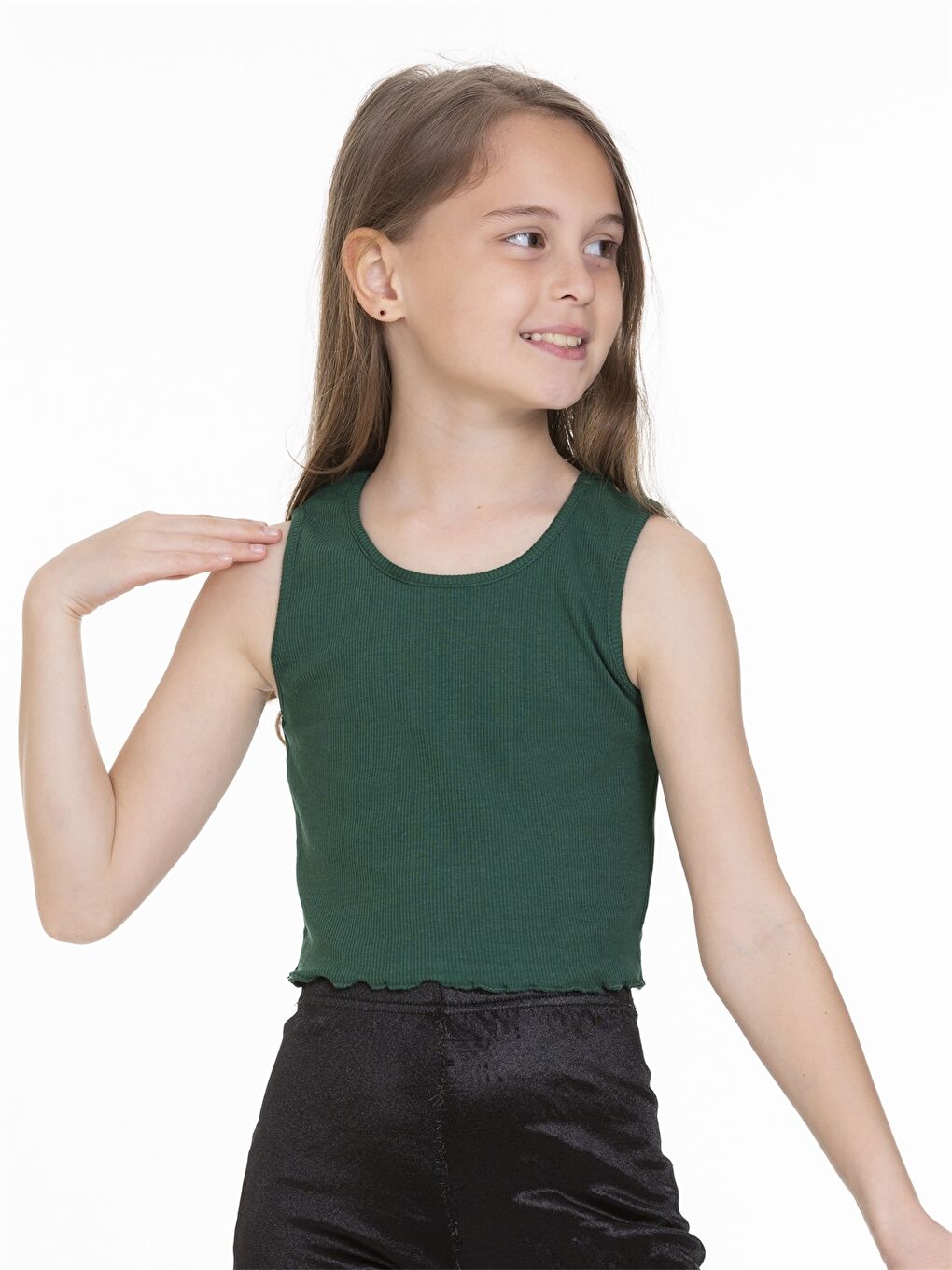 Yeşil Bisiklet Yaka Basic Kız Çocuk Atlet-1