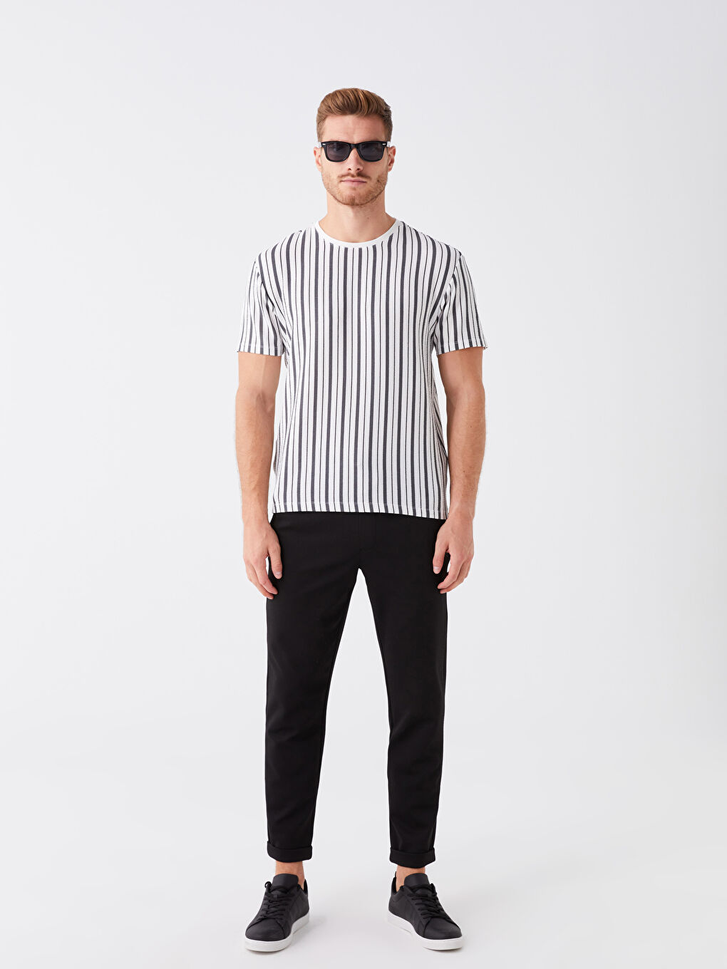 Ekru Bisiklet Yaka Kısa Kollu Çizgili Erkek Tişört-2