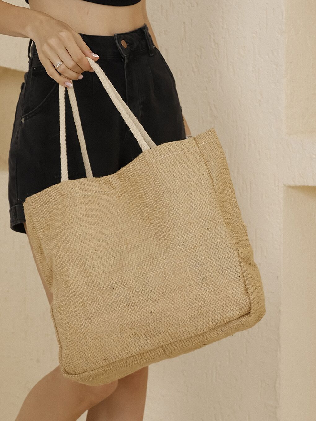 Kahverengi Düz Hasır Kadın Plaj Çantası-5