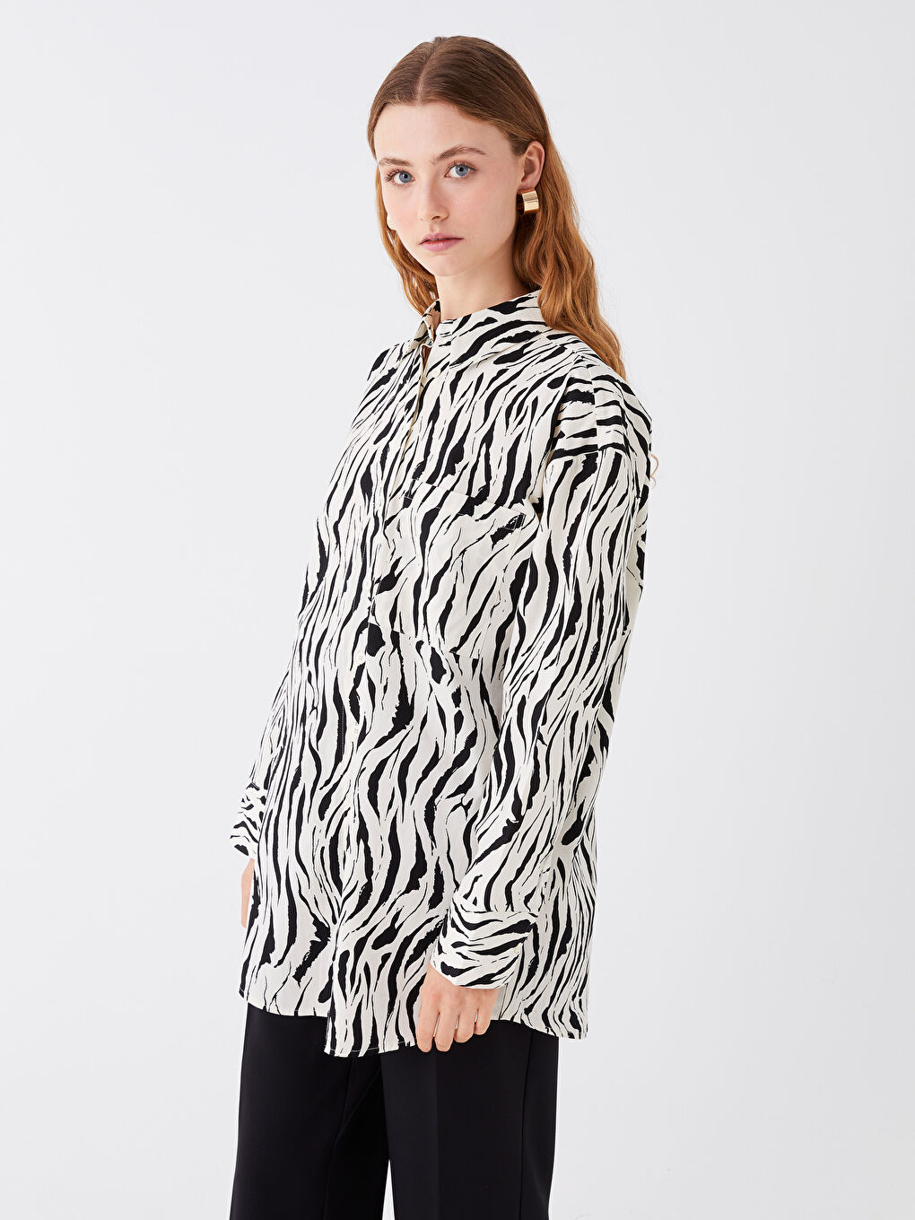 Ekru Desenli Uzun Kollu Oversize Poplin Kadın Gömlek Tunik