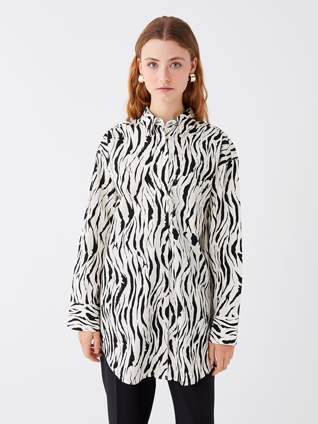 Ekru Desenli Uzun Kollu Oversize Poplin Kadın Gömlek Tunik-1