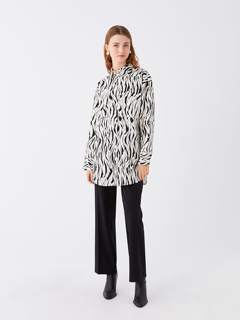 Ekru Desenli Uzun Kollu Oversize Poplin Kadın Gömlek Tunik-2