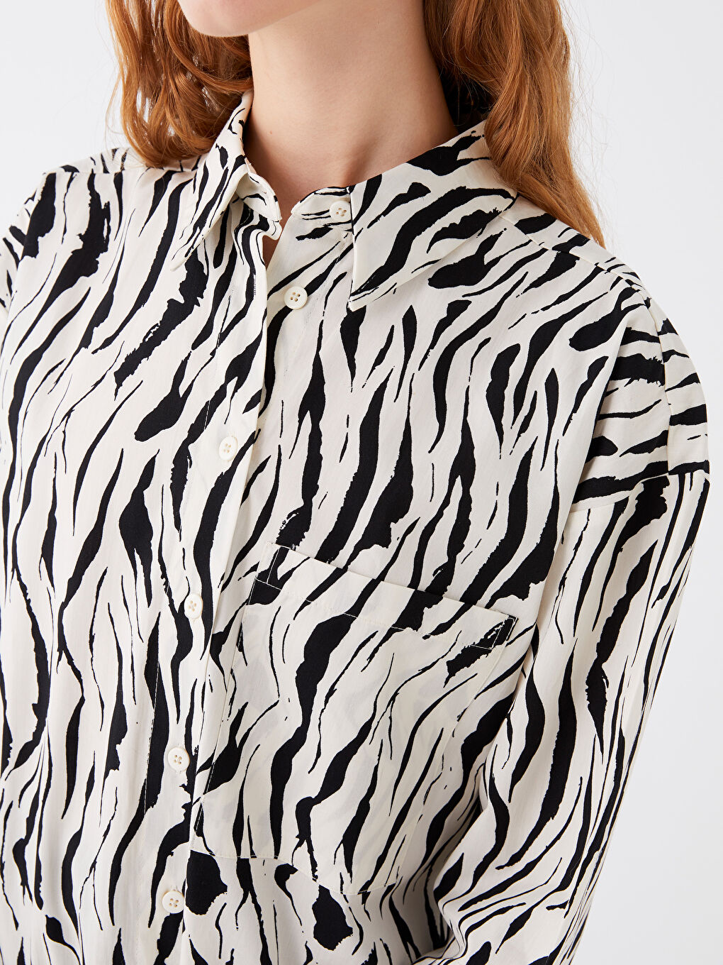 Ekru Desenli Uzun Kollu Oversize Poplin Kadın Gömlek Tunik-3