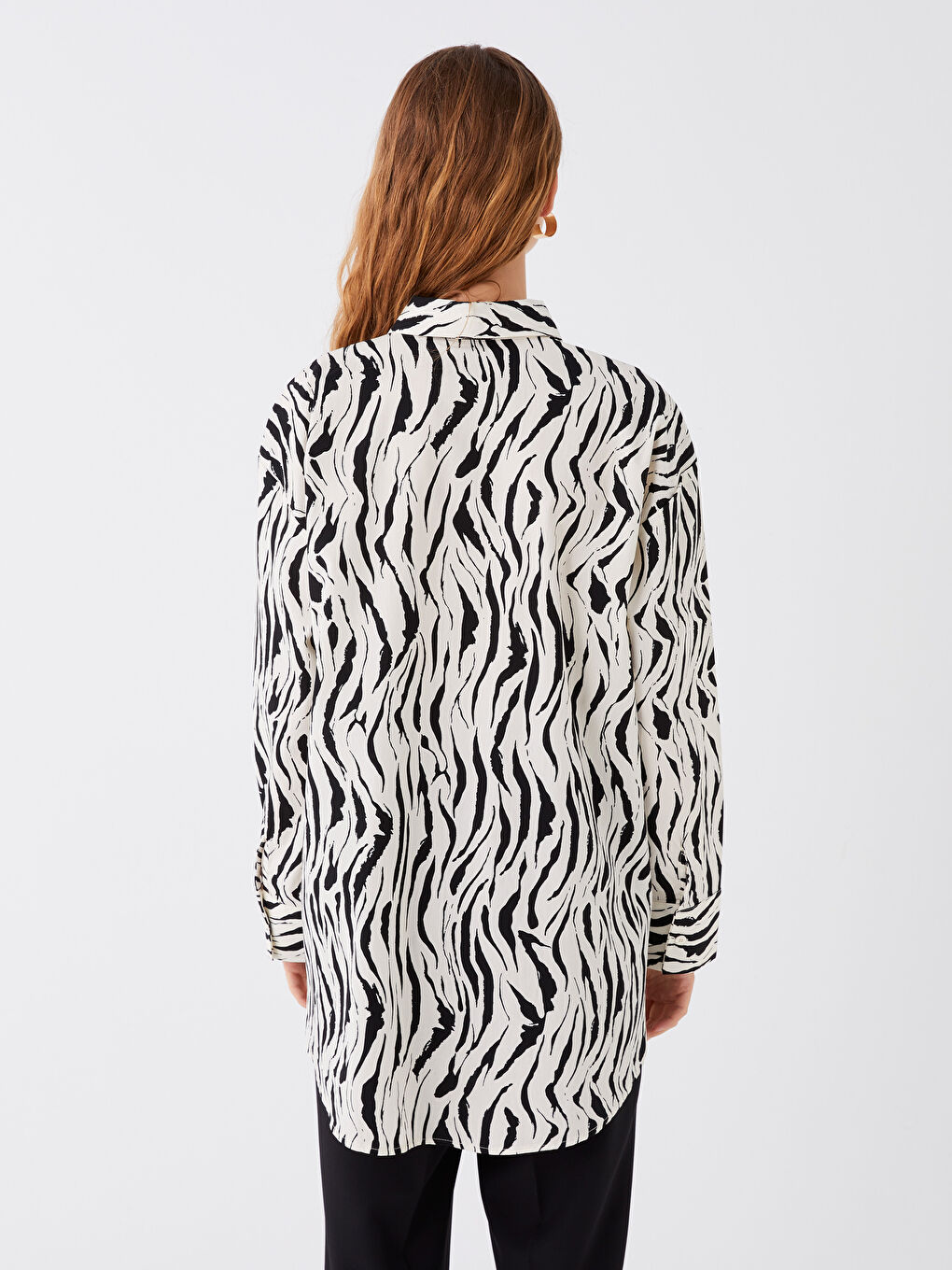 Ekru Desenli Uzun Kollu Oversize Poplin Kadın Gömlek Tunik-4