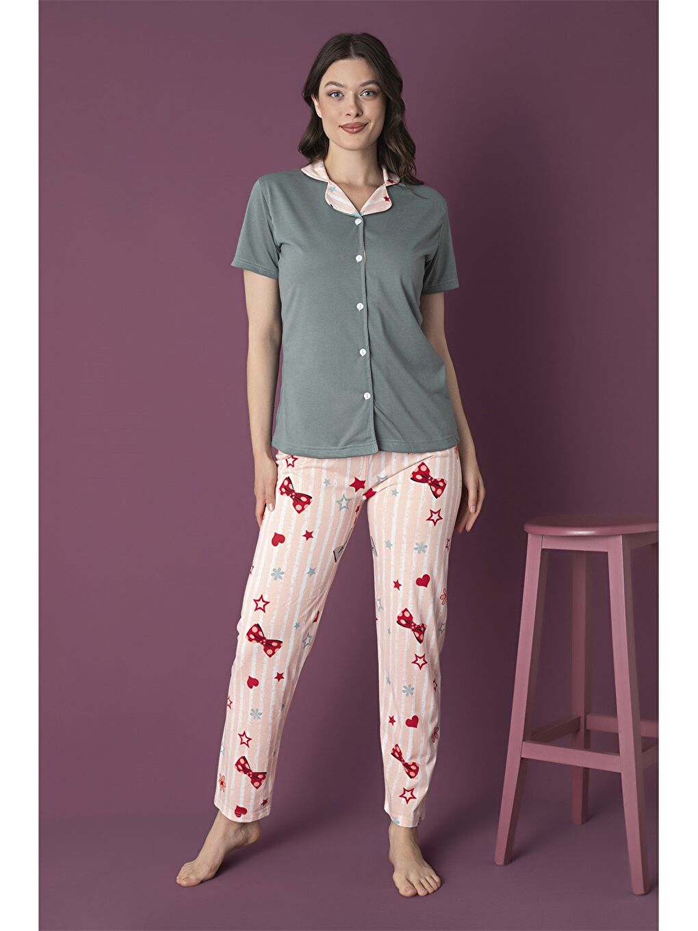 Yeşil Gömlek Yaka Kadın Pijama Takımı