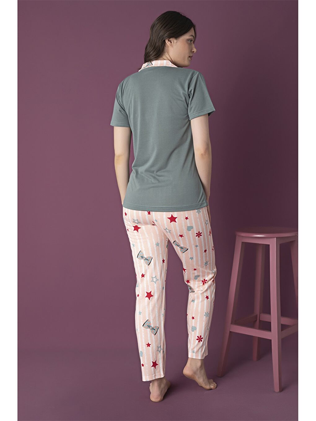 Yeşil Gömlek Yaka Kadın Pijama Takımı-1