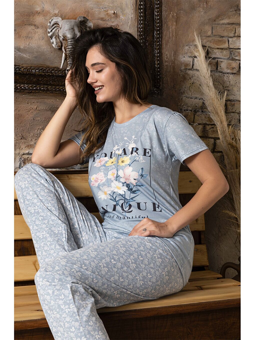 Mavi Bisiklet Yaka Baskılı Kısa Kollu Kadın Pijama Takımı