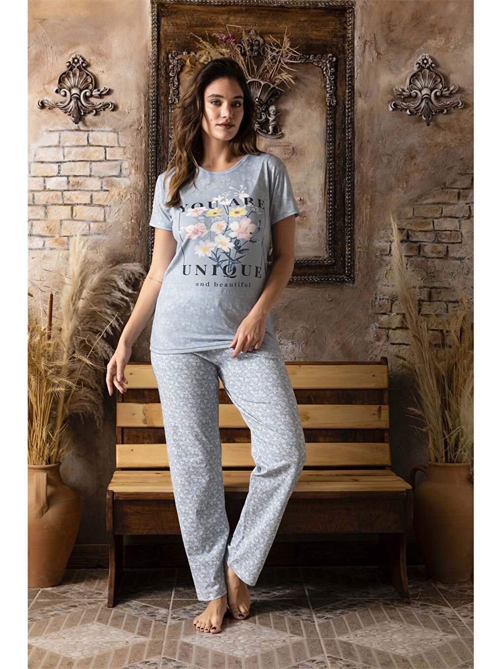 Mavi Bisiklet Yaka Baskılı Kısa Kollu Kadın Pijama Takımı-1