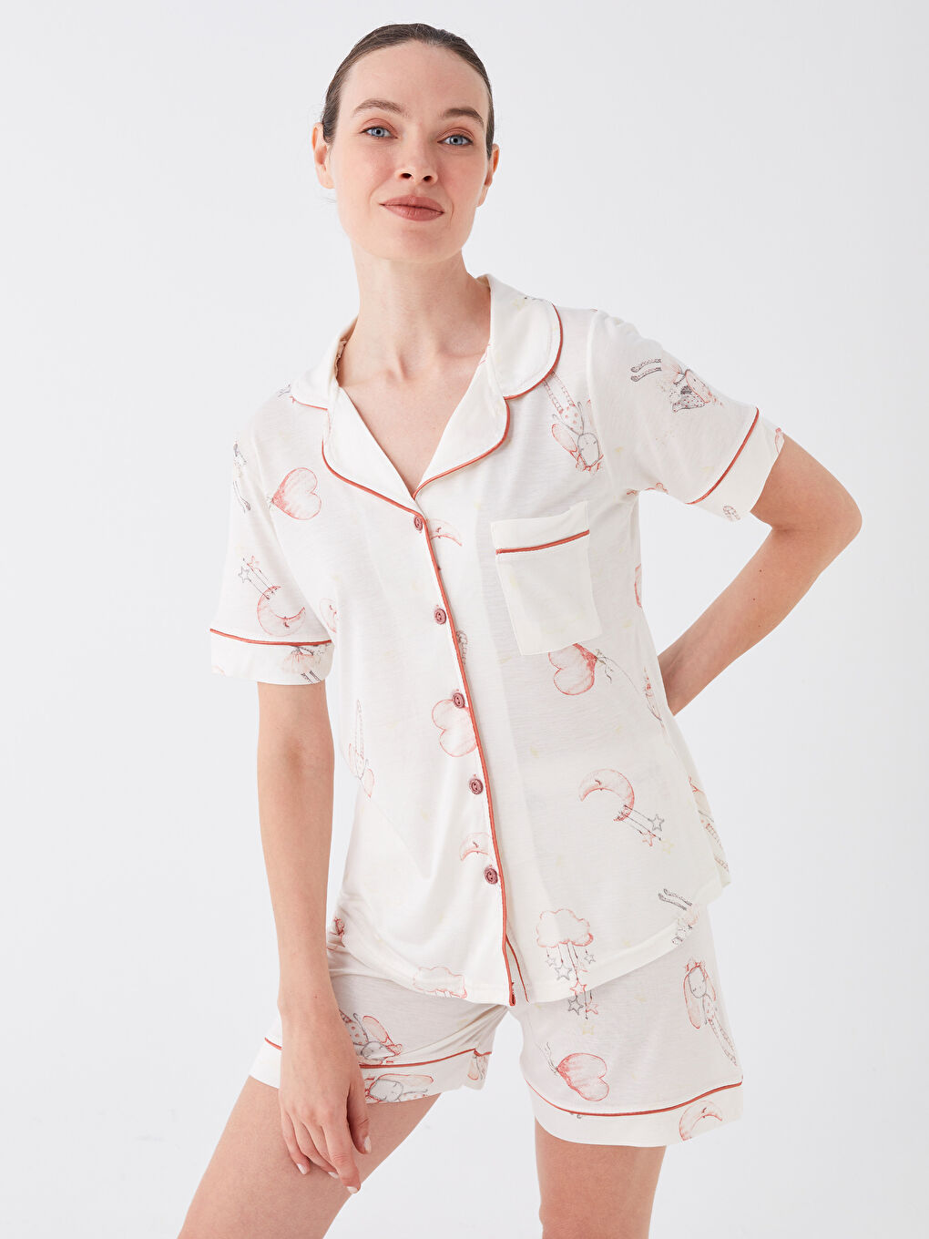 Beyaz Gömlek Yaka Kadın Pijama Takımı