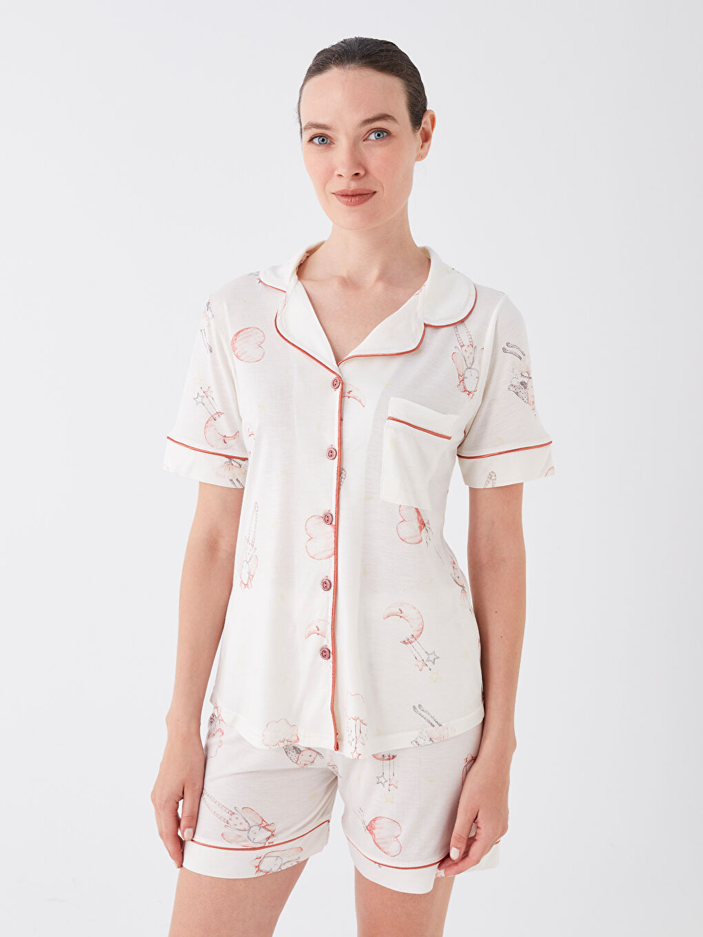 Beyaz Gömlek Yaka Kadın Pijama Takımı-1