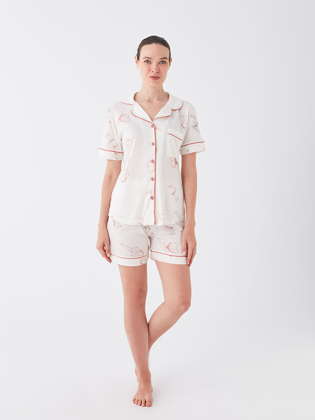 Beyaz Gömlek Yaka Kadın Pijama Takımı-2