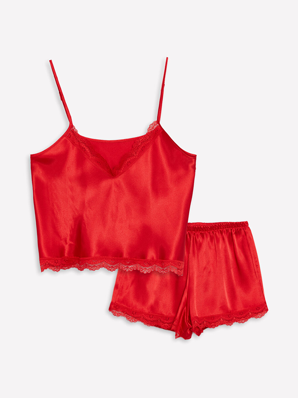 Kırmızı Askılı Saten Kadın Pijama Takımı
