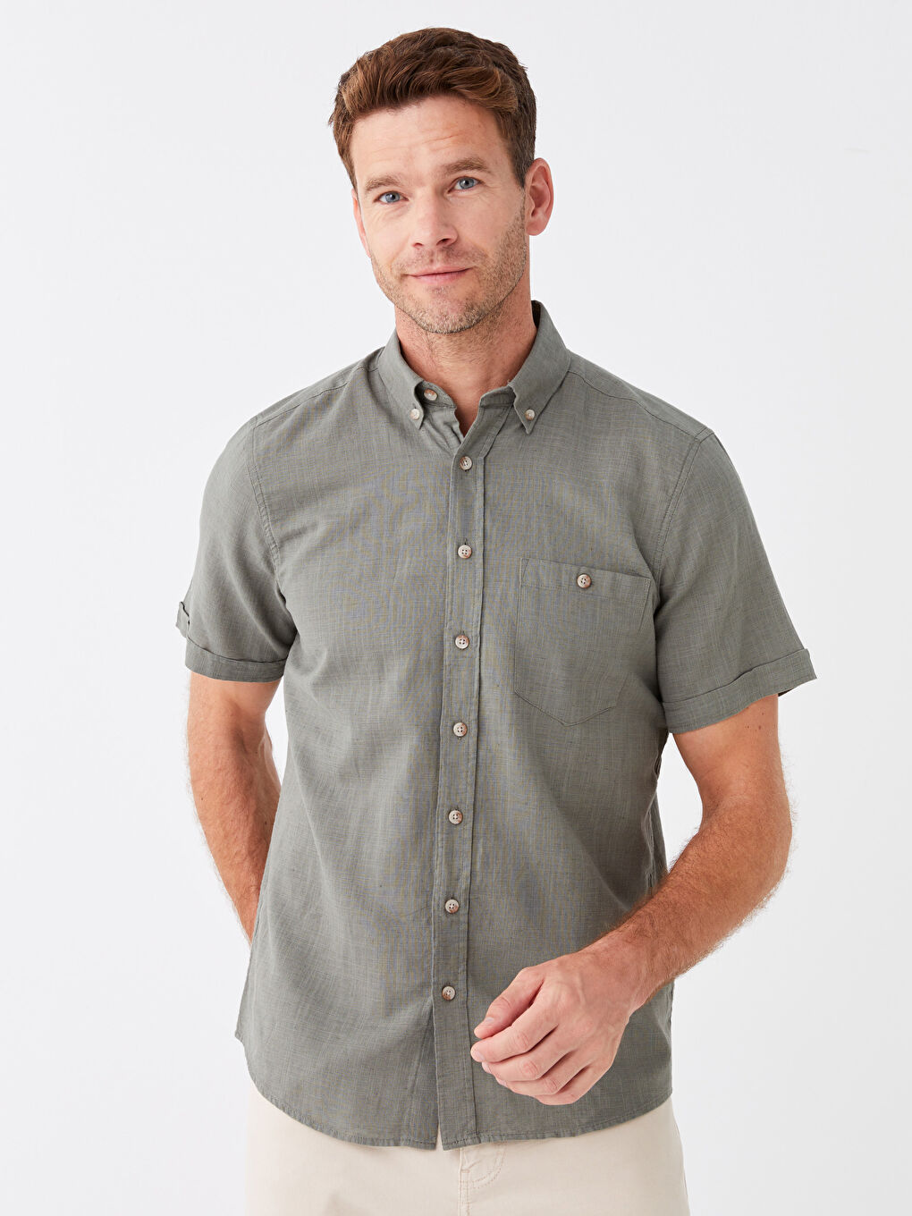 Haki Regular Fit Kısa Kollu Keten Karışımlı Erkek Gömlek