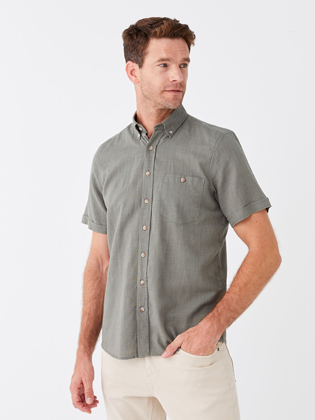 Haki Regular Fit Kısa Kollu Keten Karışımlı Erkek Gömlek-1