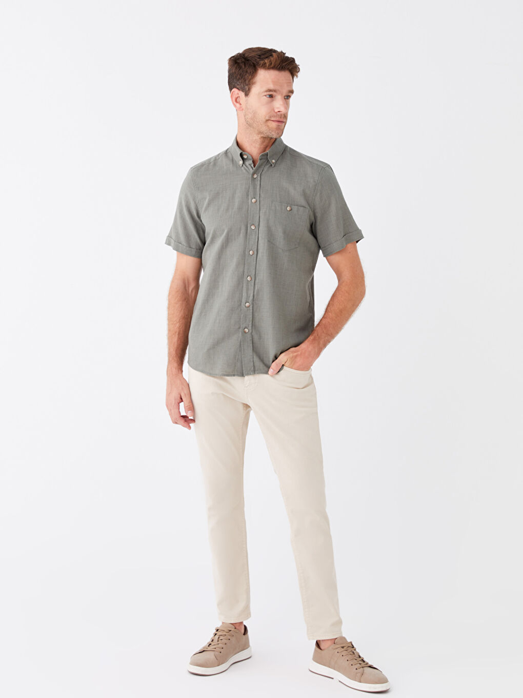Haki Regular Fit Kısa Kollu Keten Karışımlı Erkek Gömlek-2