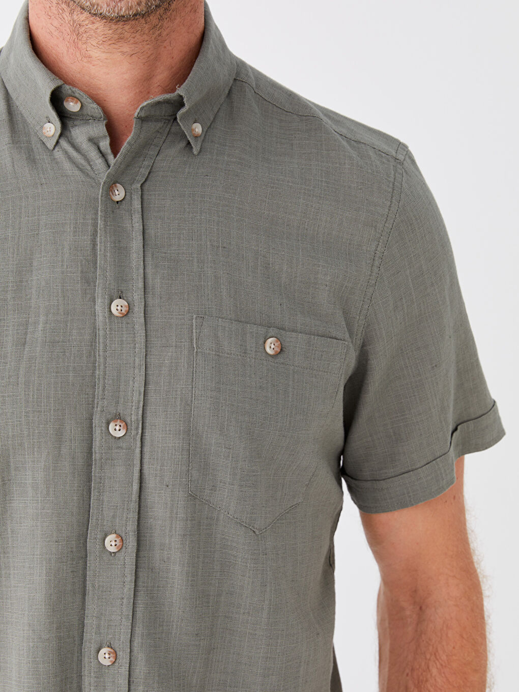 Haki Regular Fit Kısa Kollu Keten Karışımlı Erkek Gömlek-3