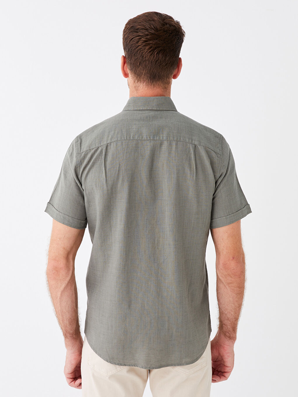 Haki Regular Fit Kısa Kollu Keten Karışımlı Erkek Gömlek-4
